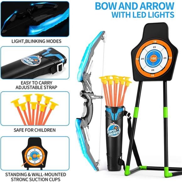 Bow & Arrow Set for Kids 4-8, Archery Set w/ LED Light 10 Suction Cup Arrows - Picture 7 of 7